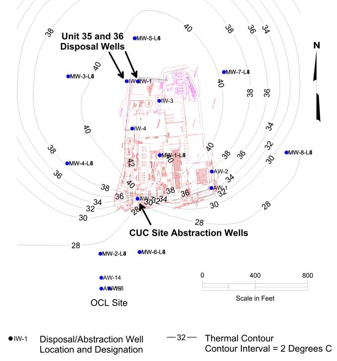 Computer graphic showing contours of temperature after heated water is injected into aquifer